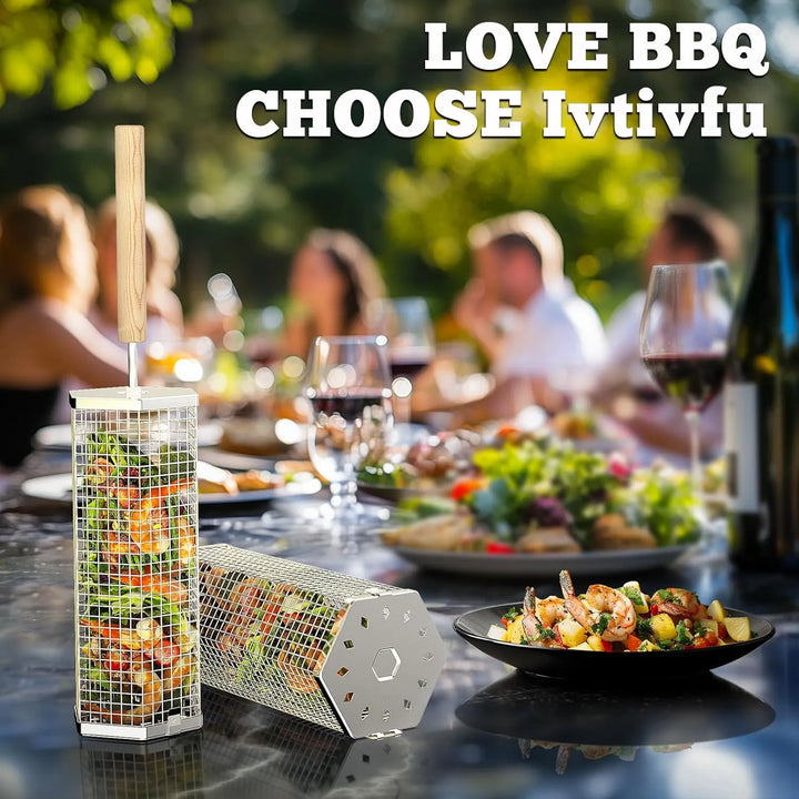 Heavy Duty Rolling Grill Basket Set | No More Food Falling Through