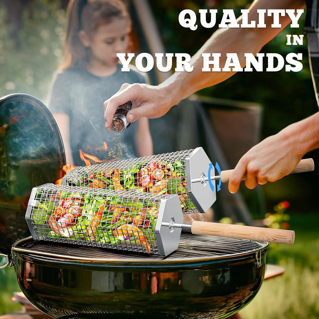 Heavy Duty Rolling Grill Basket Set | No More Food Falling Through