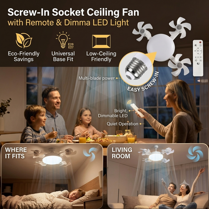Screw-In Socket Ceiling Fan with Remote &amp; Dimmable LED Light