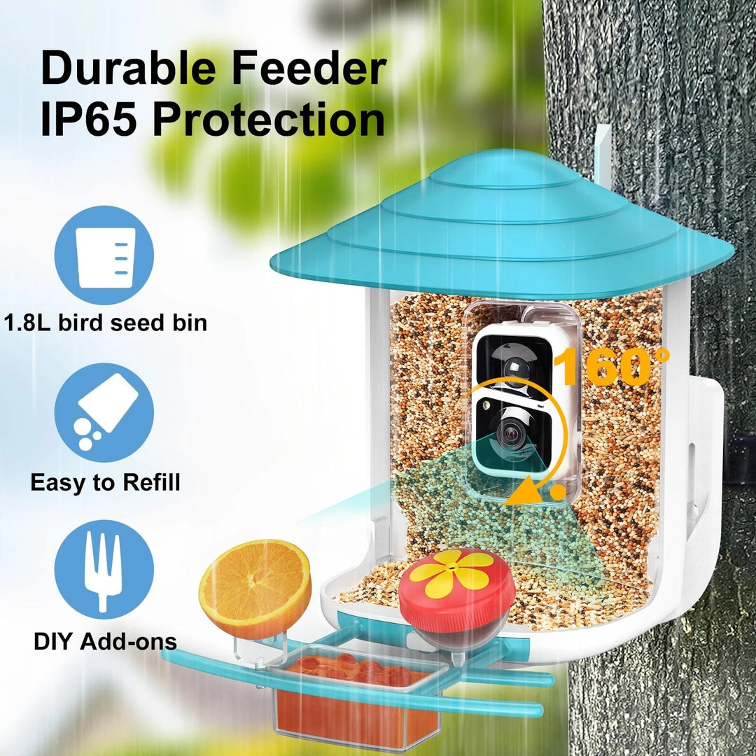 4 in. 1-Blue Smart Bird Feeder 60 oz. with Camera, Solar Panel and 140° View