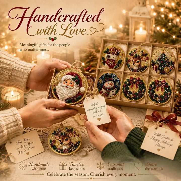 Christmas Pearl Art Ornaments – 6 Round Wooden DIY Tree Hangers