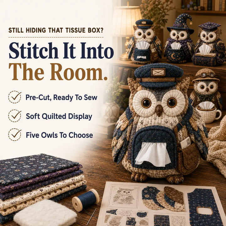 Wise Owl Quilted Tissue Box Cover DIY Sewing Kit, Pre-Cut