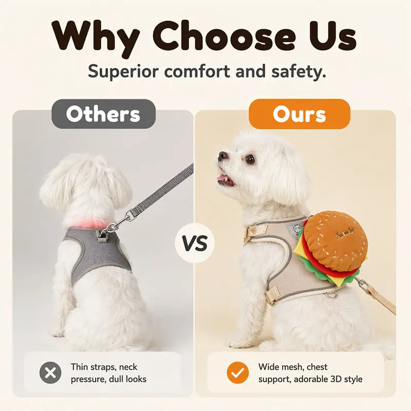 Cute Burger Pet Harness and Leash Set for Small Dogs and Cats