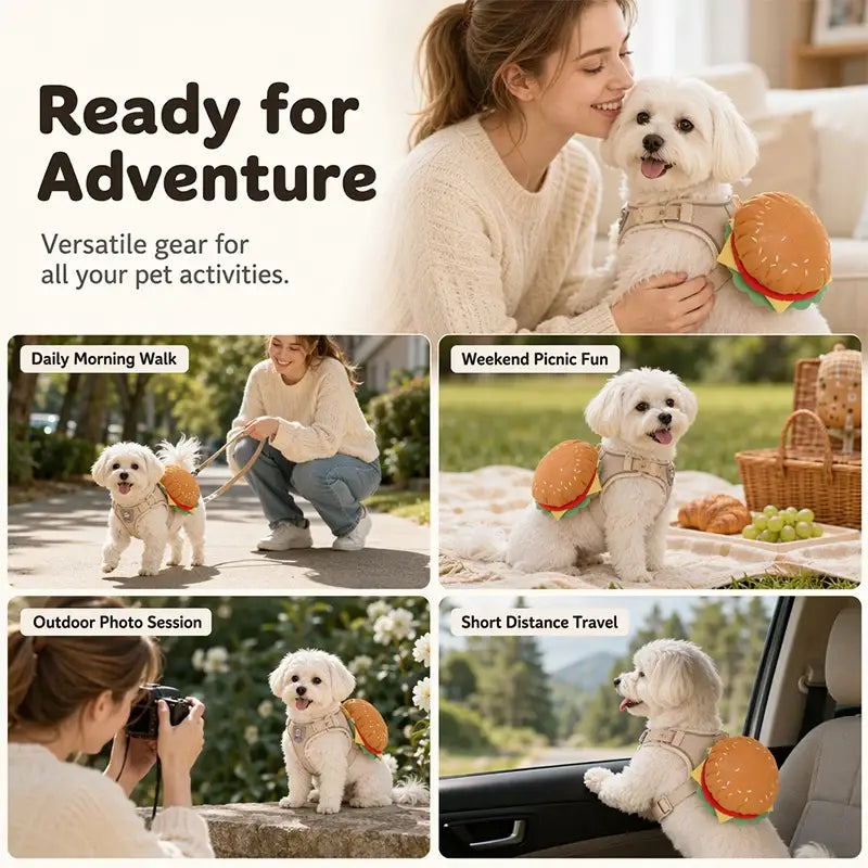 Cute Burger Pet Harness and Leash Set for Small Dogs and Cats