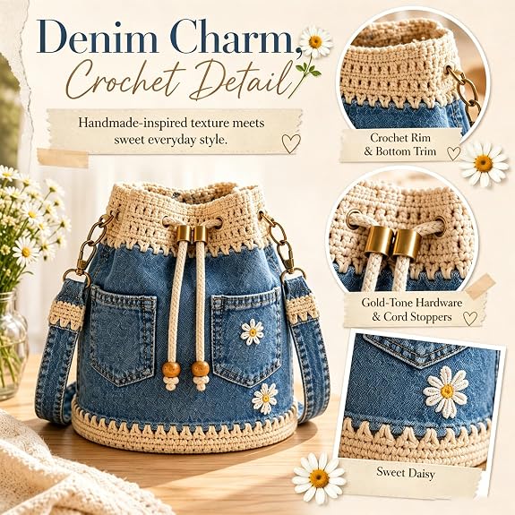 Denim Crochet Bucket Bag - Daisy Embroidered Drawstring