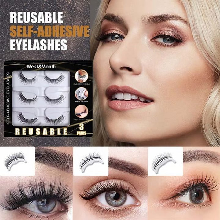 Reusable Self-Adhesive False Eyelashes – No Glue, 3 Pairs &amp; Adhesive Revival Pen