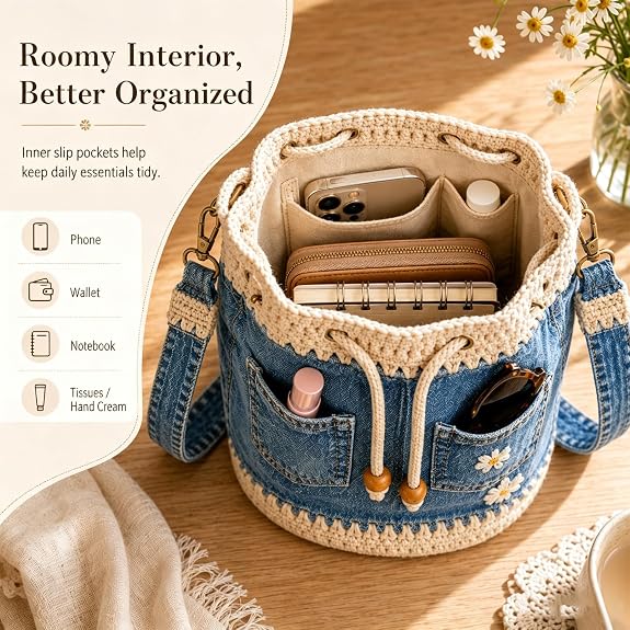 Denim Crochet Bucket Bag - Daisy Embroidered Drawstring