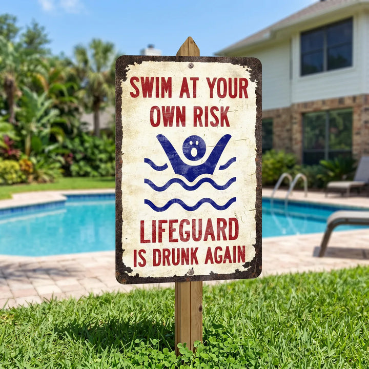 Funny Pool Wall Sign for Backyard Decor | Lifeguard Is Drunk Again