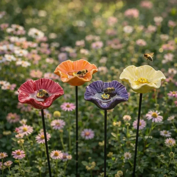 Handmade Bee Blossoms - All-Weather Ceramic Drinking Bowls, Set of 4