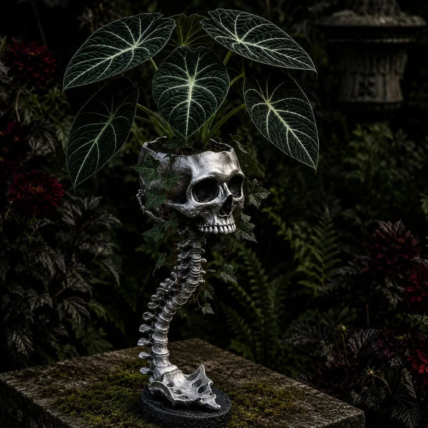 Skull Planter with Stand – Halloween Decor for Shelves