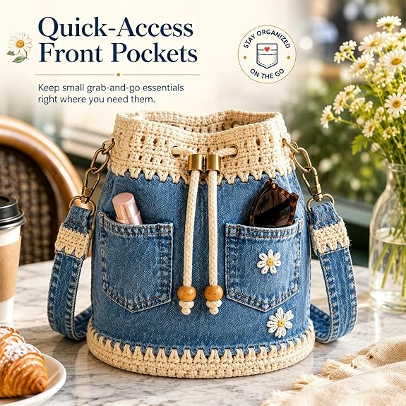 Denim Crochet Bucket Bag - Daisy Embroidered Drawstring