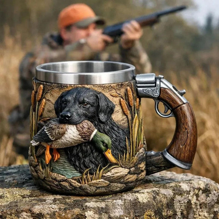 Hunting Dog Resin Mug - Pistol-Grip Handle with Steel Rim
