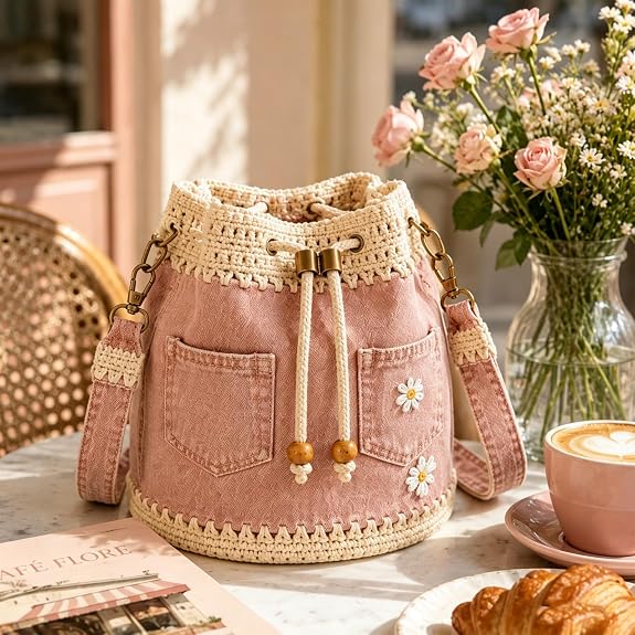 Denim Crochet Bucket Bag - Daisy Embroidered Drawstring