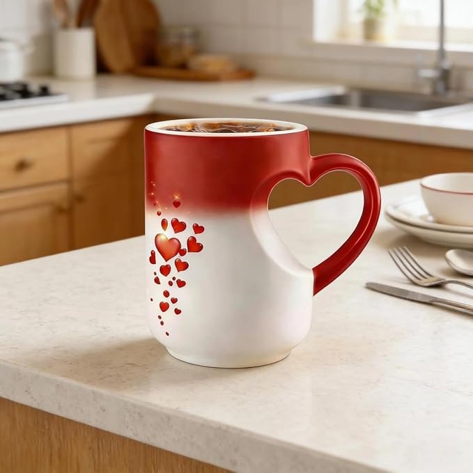 Color Changing Coffee Mug - Heart Handle Heat Reactive Ceramic Mug