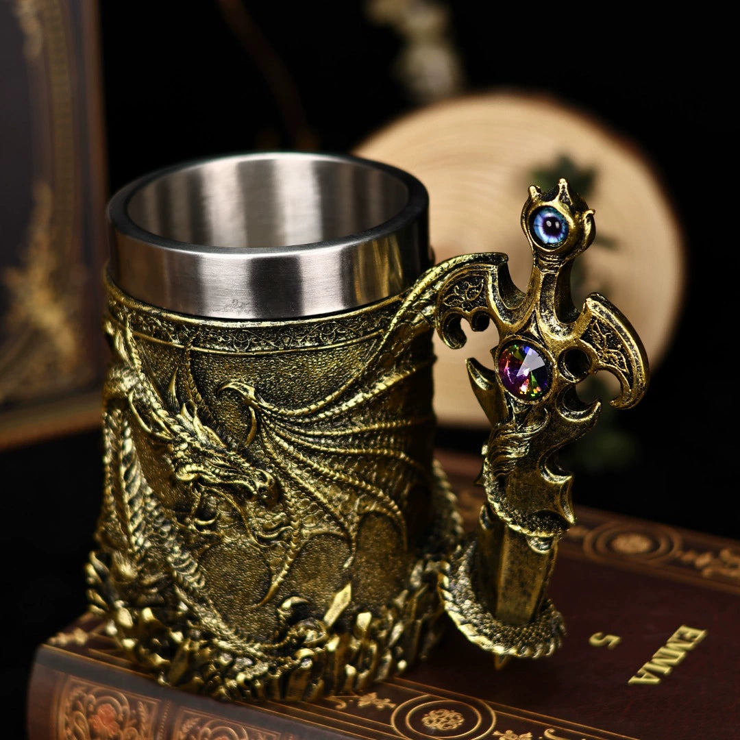 Medieval Dragon Sword Beer Mug – 3D Stainless Gothic Tankard 600ml