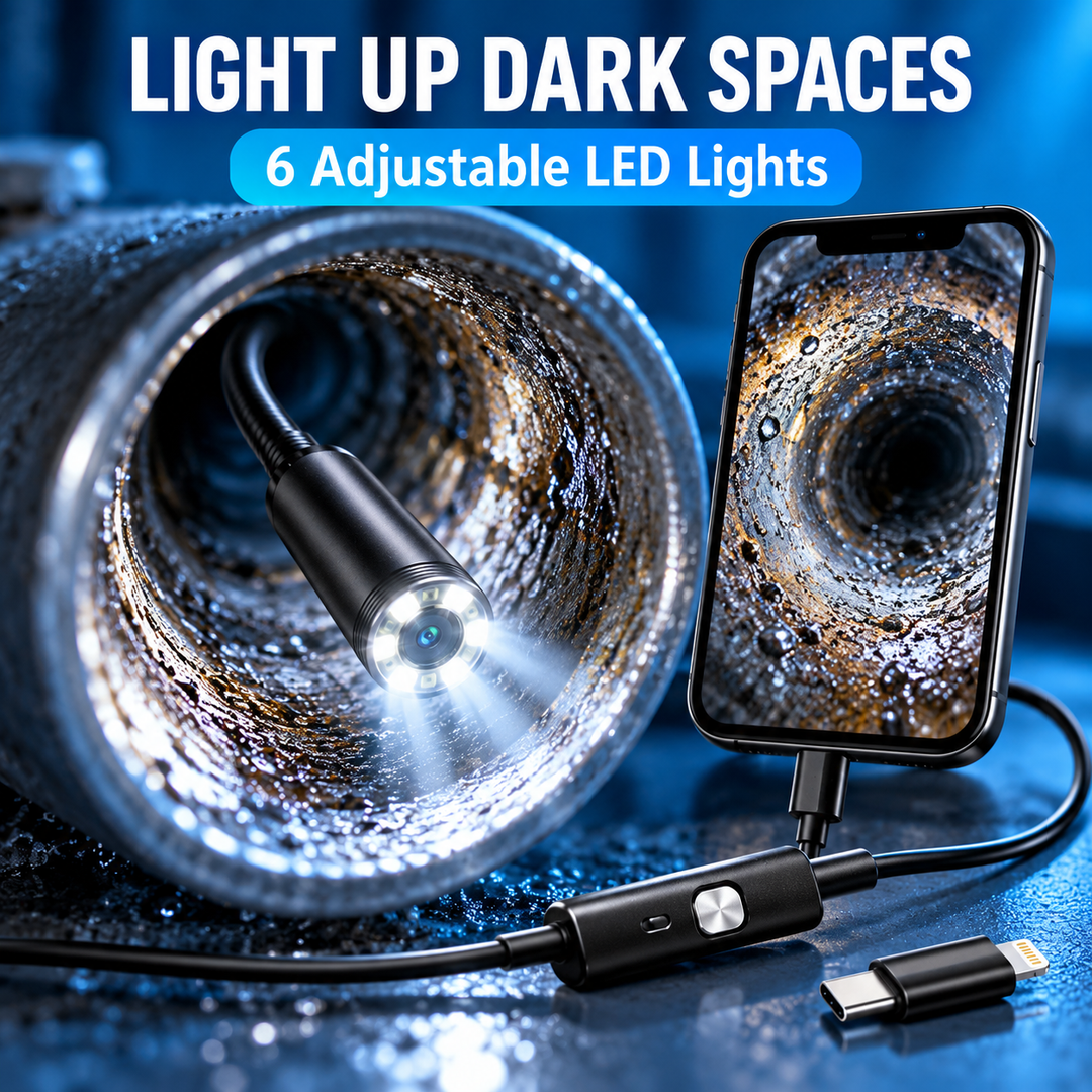 Plug-and-Play Endoscope Camera with Light – HD Inspection for Pipes &amp; Walls