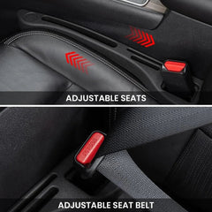 Black car seat gap filler fitted beside an adjustable car seat and seat belt buckle.