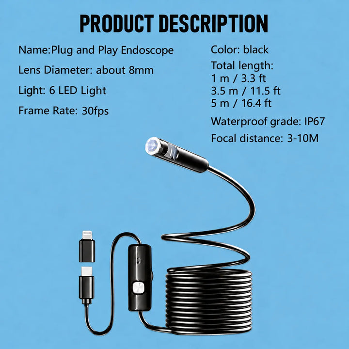 Plug-and-Play Endoscope Camera with Light – HD Inspection for Pipes &amp; Walls