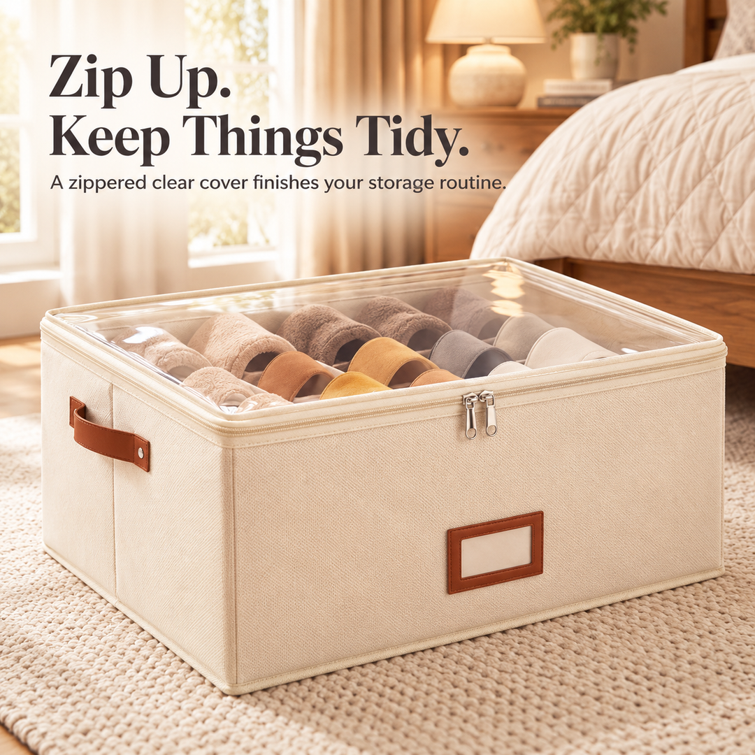 Foldable Oxford Fabric Storage Bin with Clear Zip Cover &amp; Dividers