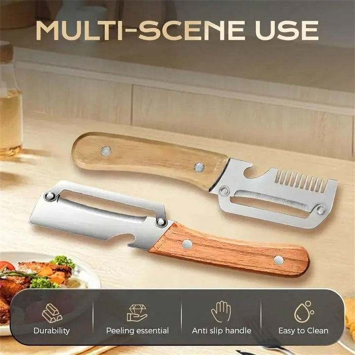 2-in-1 Stainless Steel VegetablePeeler with Wooden Handle &amp;Bottle Opener