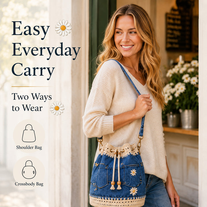 Denim Crochet Bucket Bag - Daisy Embroidered Drawstring