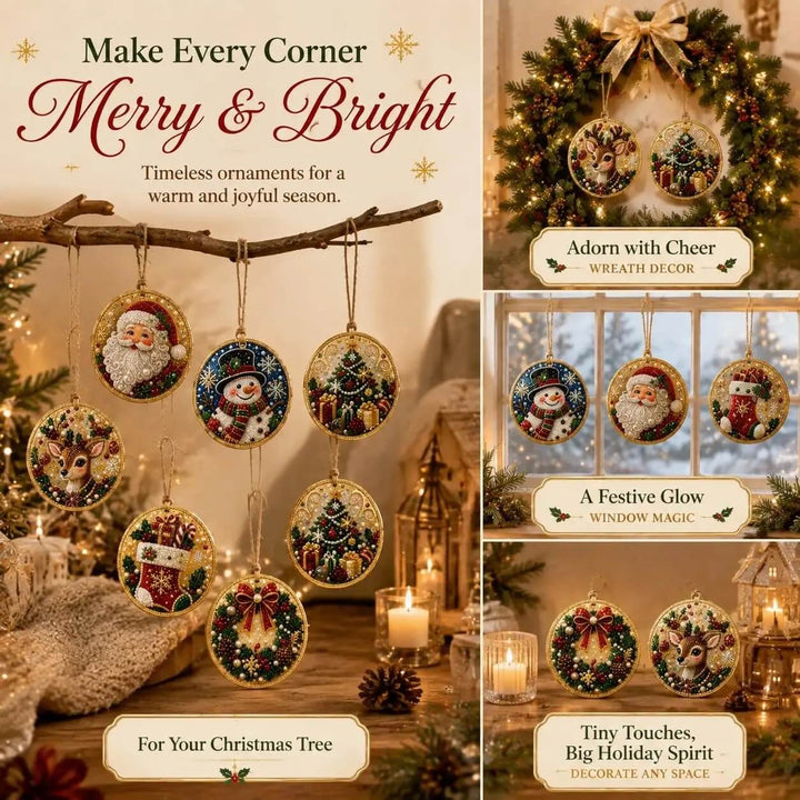 Christmas Pearl Art Ornaments – 6 Round Wooden DIY Tree Hangers
