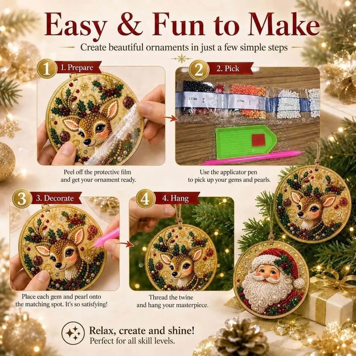 Christmas Pearl Art Ornaments – 6 Round Wooden DIY Tree Hangers