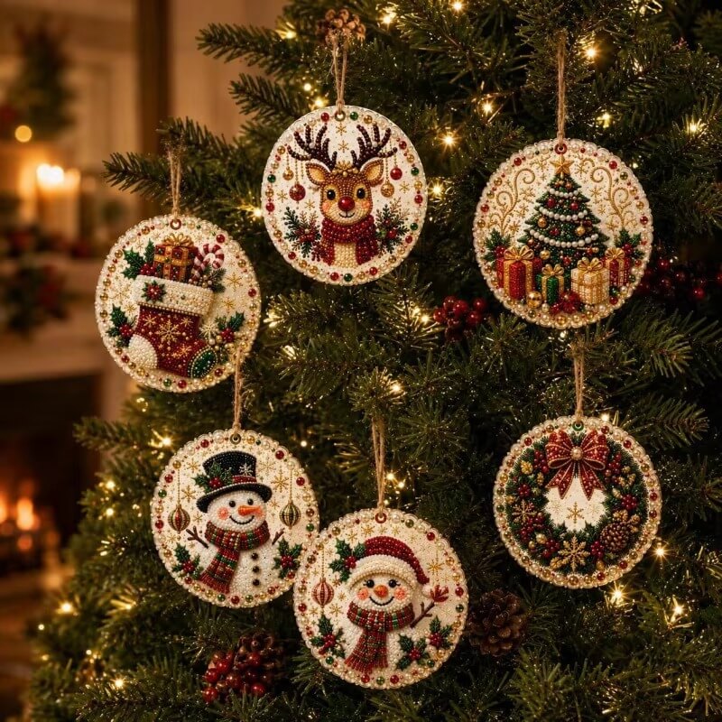 Christmas Pearl Art Ornaments – 6 Round Wooden DIY Tree Hangers