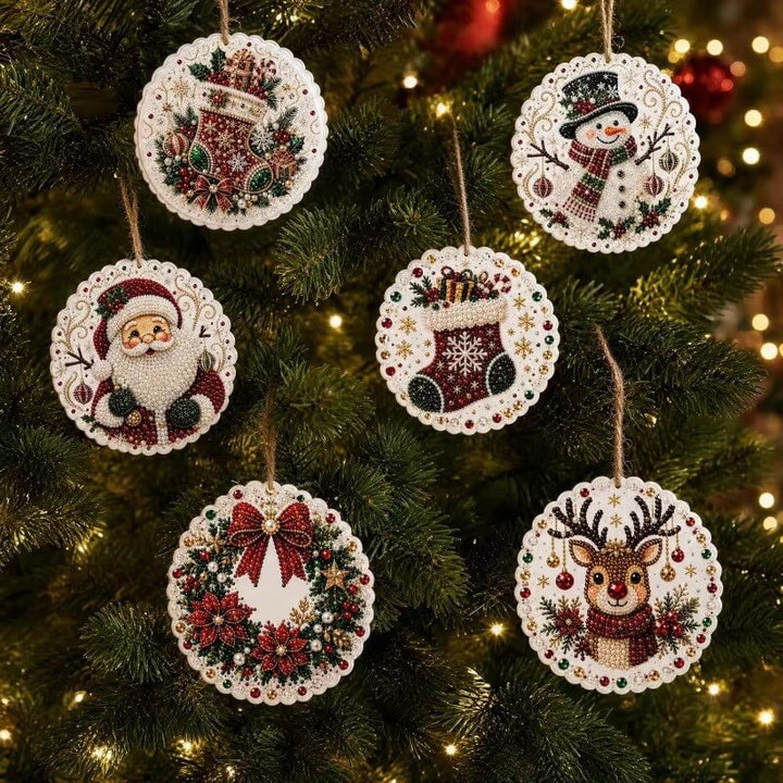 Christmas Pearl Art Ornaments – 6 Round Wooden DIY Tree Hangers