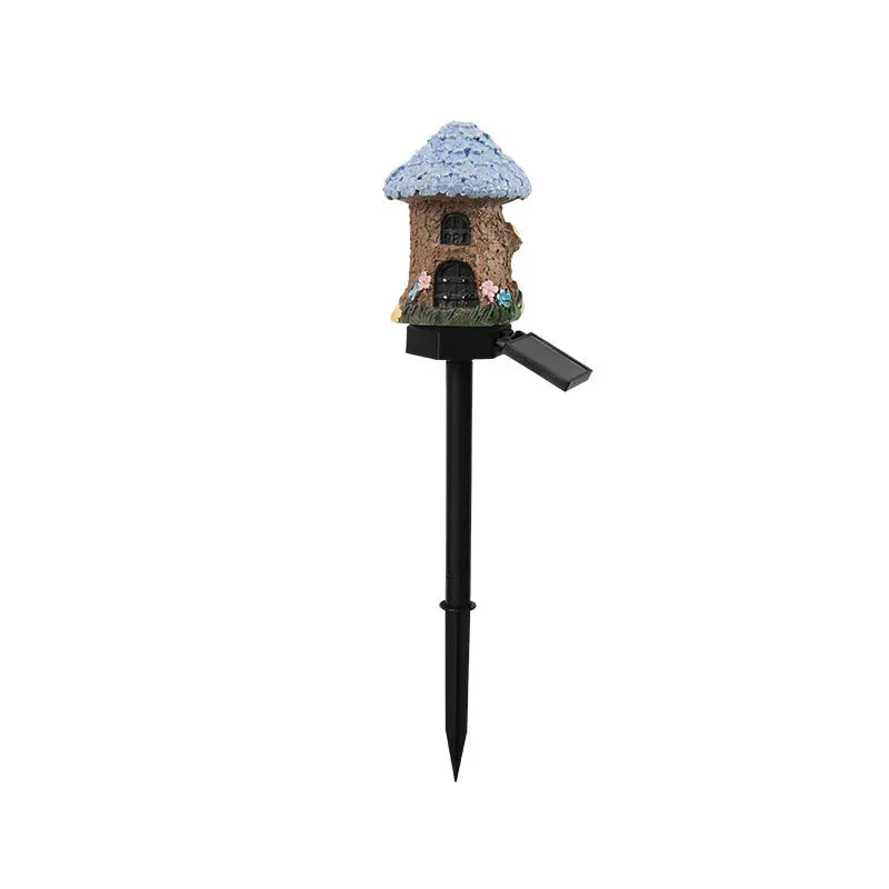 Solar Fairy Cottage Garden Stake Light, Hand-Sculpted Resin, Auto-On Warm LED