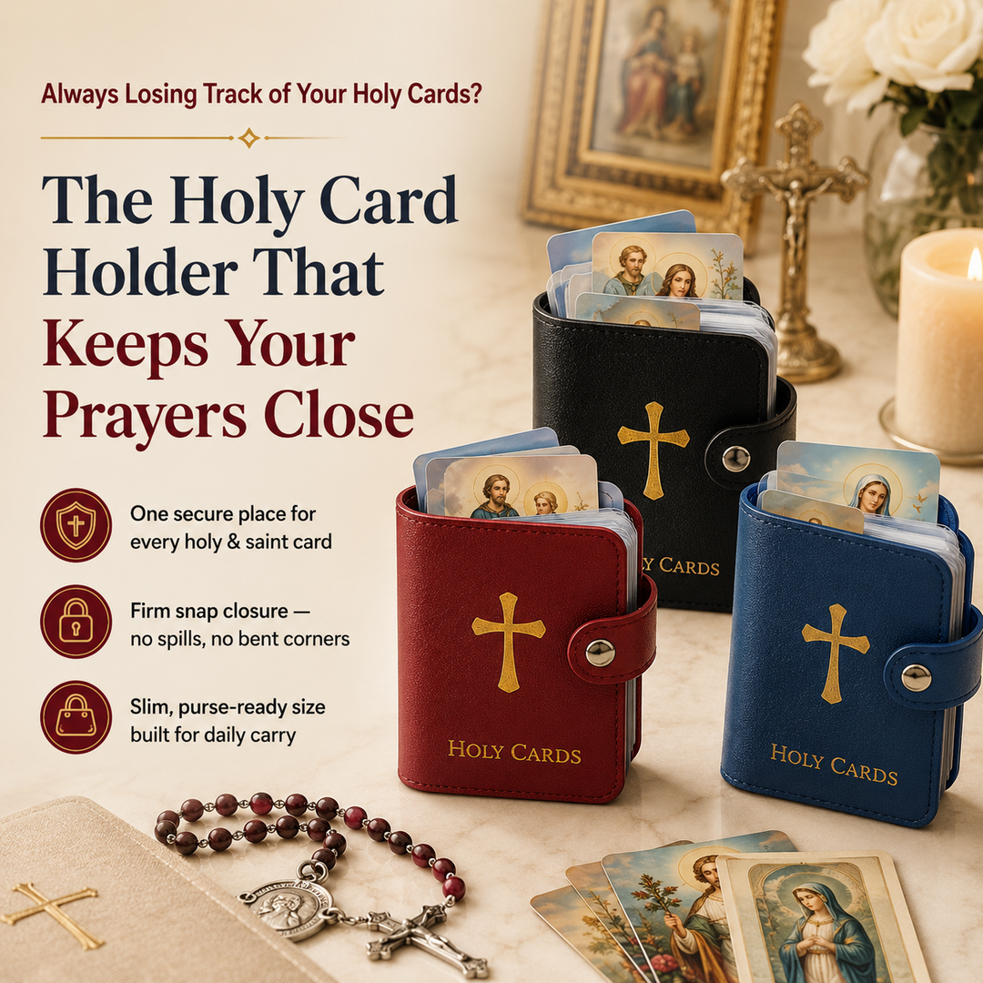 Catholic holy card holder in red, black, and blue