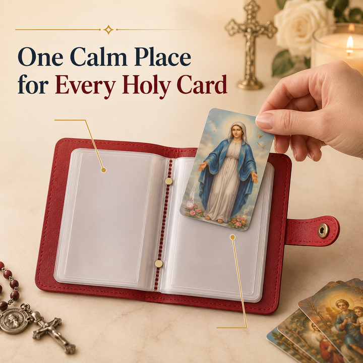 Holy card holder keeps prayer cards organized
