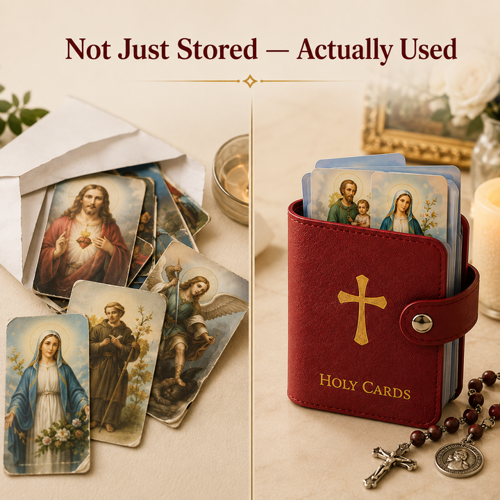 Holy card holder compared with loose card storage
