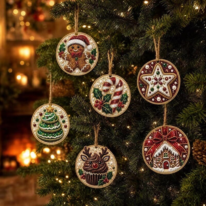 Christmas Pearl Art Ornaments – 6 Round Wooden DIY Tree Hangers