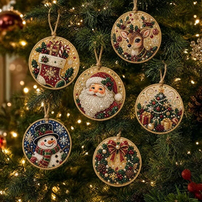 Christmas Pearl Art Ornaments – 6 Round Wooden DIY Tree Hangers
