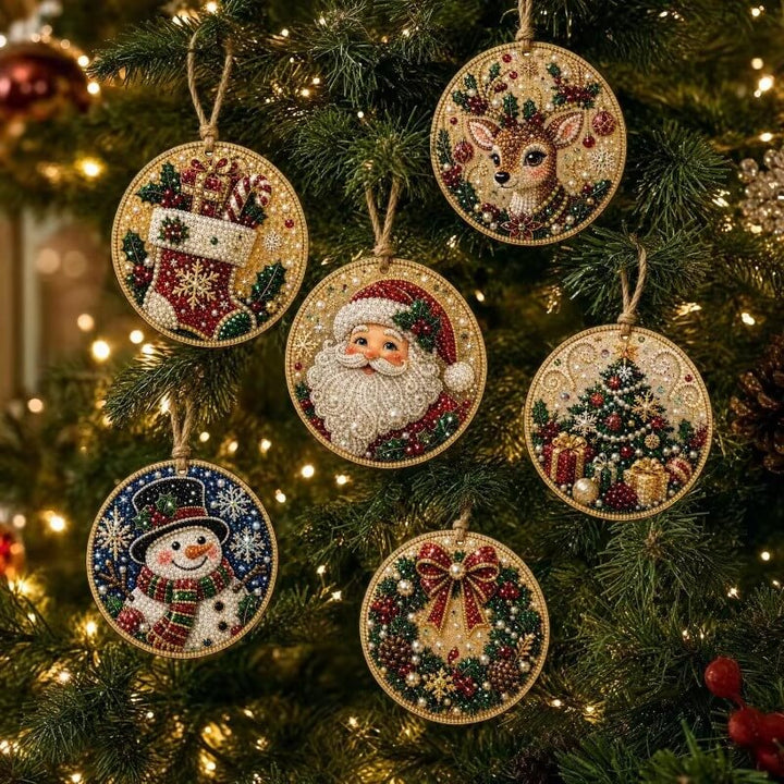 Christmas Pearl Art Ornaments – 6 Round Wooden DIY Tree Hangers