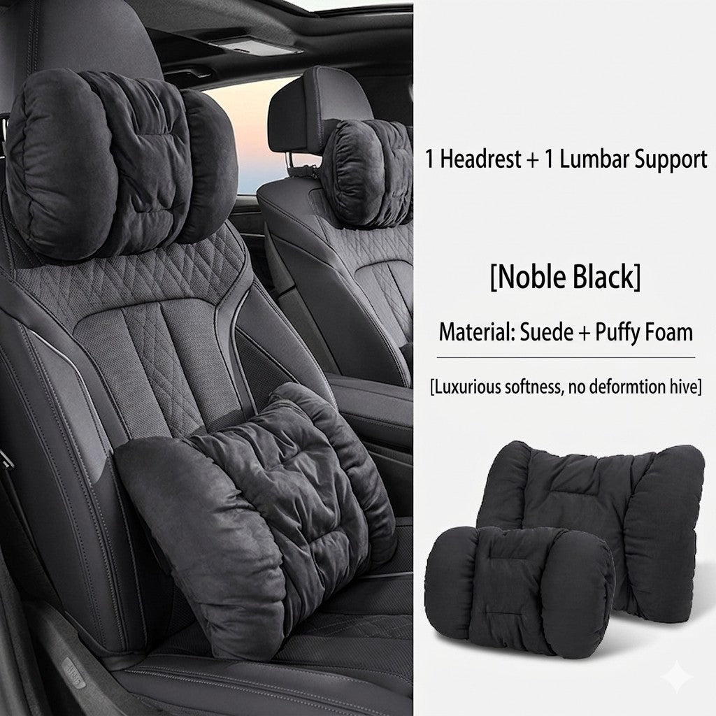 Cloud-like Suede-Touch Car Headrest &amp; Lumbar Set – Premium Driving Comfort