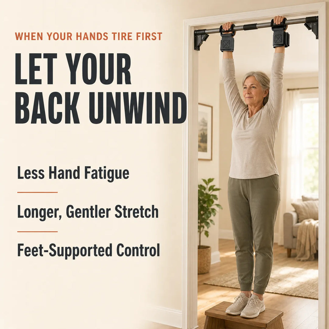 (1 Pair) Hanging Assist Hooks with Padded Wrist Straps— Stretch Longer, Grip Less