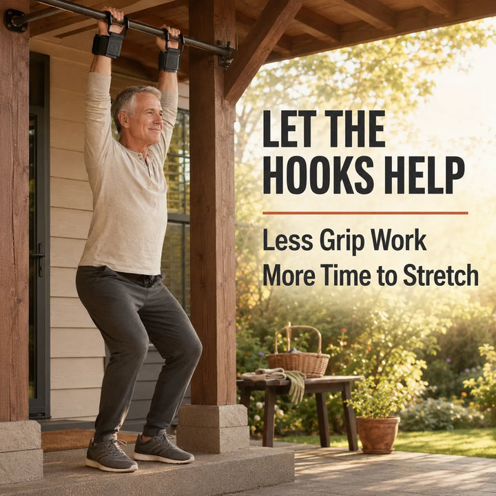 (1 Pair) Hanging Assist Hooks with Padded Wrist Straps— Stretch Longer, Grip Less