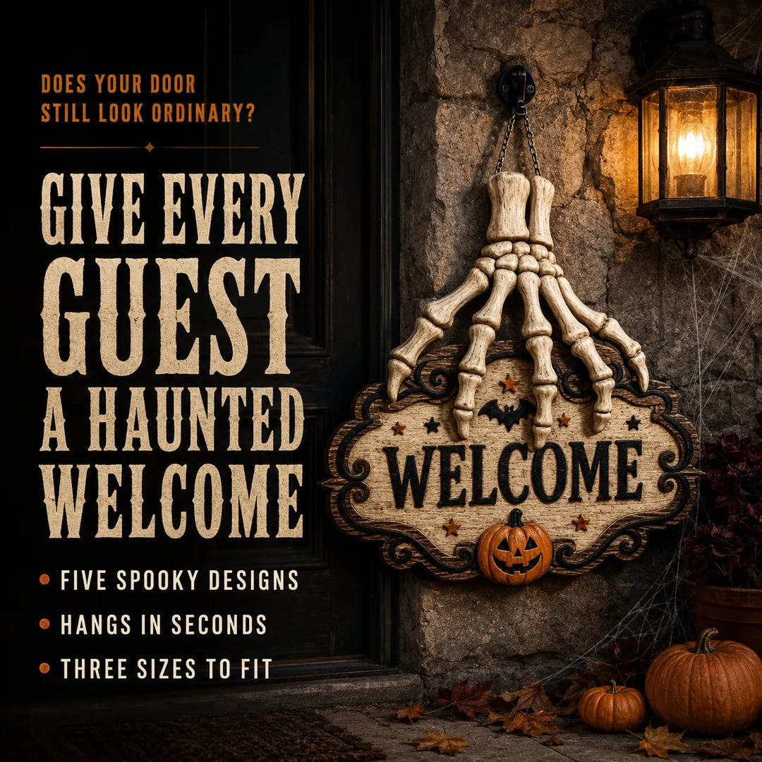 Halloween Skeleton Hand Welcome Sign - Wood Door Hanging