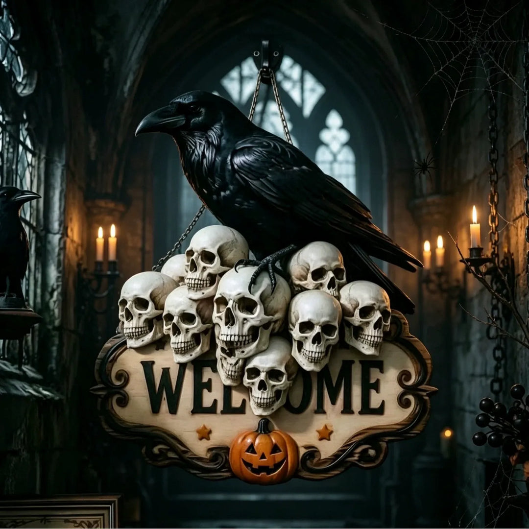 Halloween Skeleton Hand Welcome Sign - Wood Door Hanging