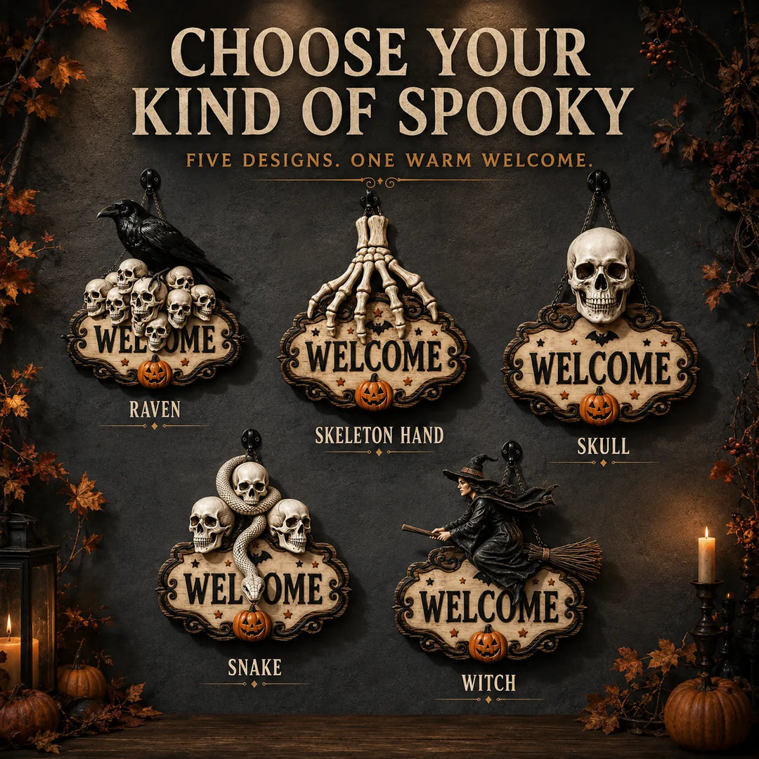 Halloween Skeleton Hand Welcome Sign - Wood Door Hanging