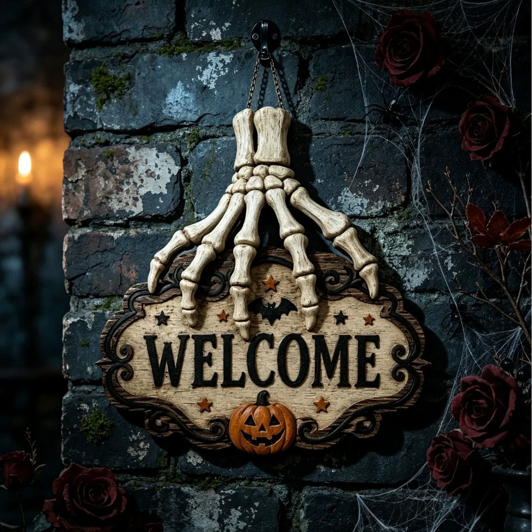 Halloween Skeleton Hand Welcome Sign - Wood Door Hanging