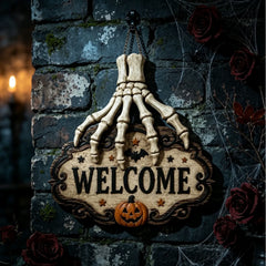 Halloween Skeleton Hand Welcome Sign - Wood Door Hanging
