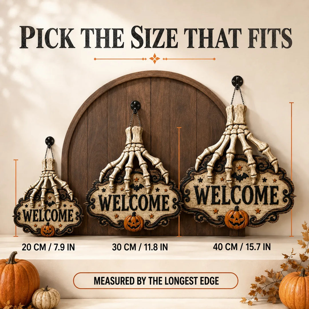 Halloween Skeleton Hand Welcome Sign - Wood Door Hanging