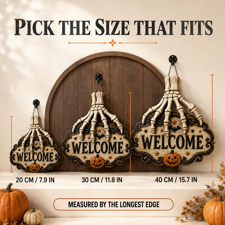Halloween Skeleton Hand Welcome Sign - Wood Door Hanging