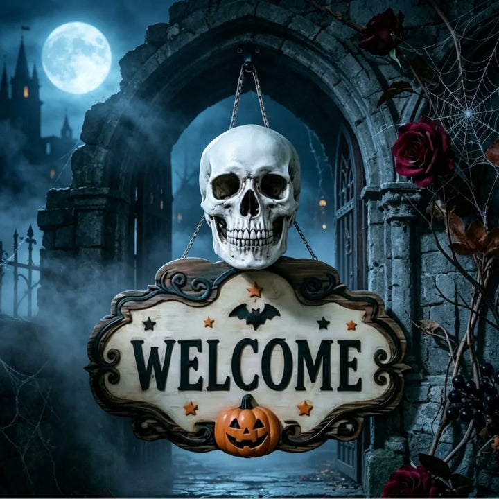 Halloween Skeleton Hand Welcome Sign - Wood Door Hanging