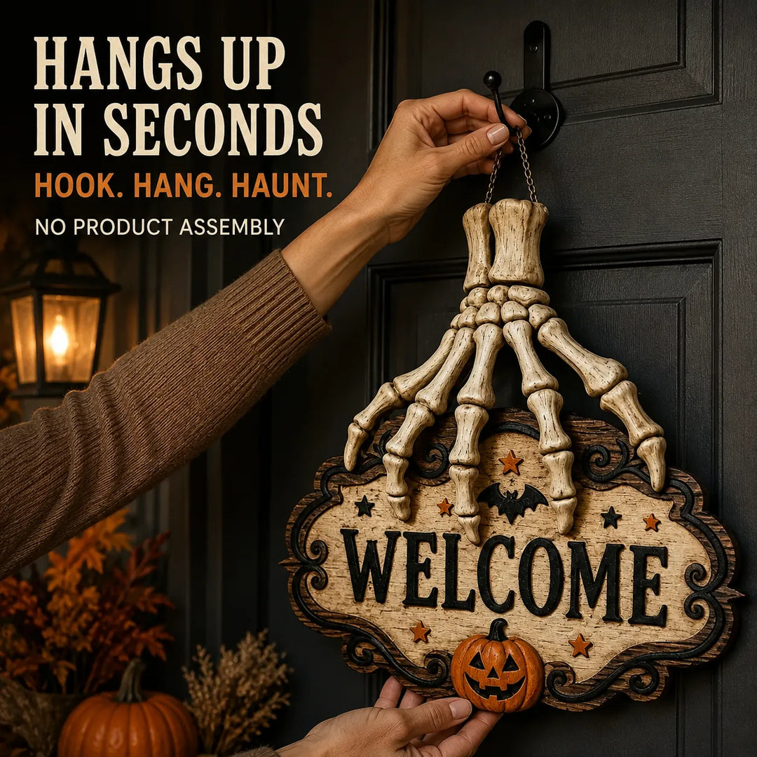 Halloween Skeleton Hand Welcome Sign - Wood Door Hanging