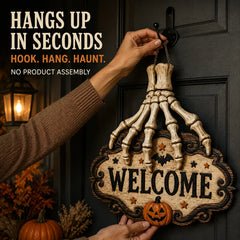 Halloween Skeleton Hand Welcome Sign - Wood Door Hanging
