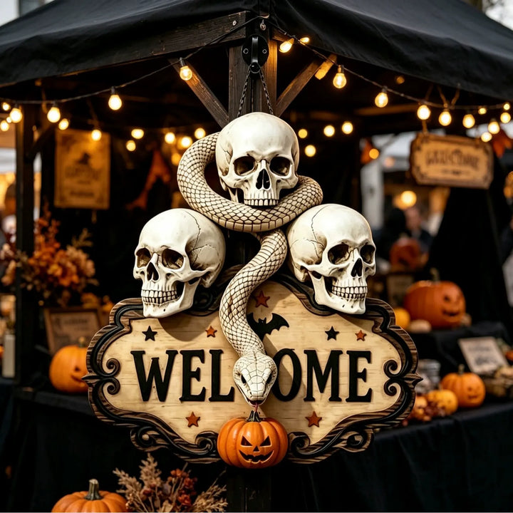 Halloween Skeleton Hand Welcome Sign - Wood Door Hanging